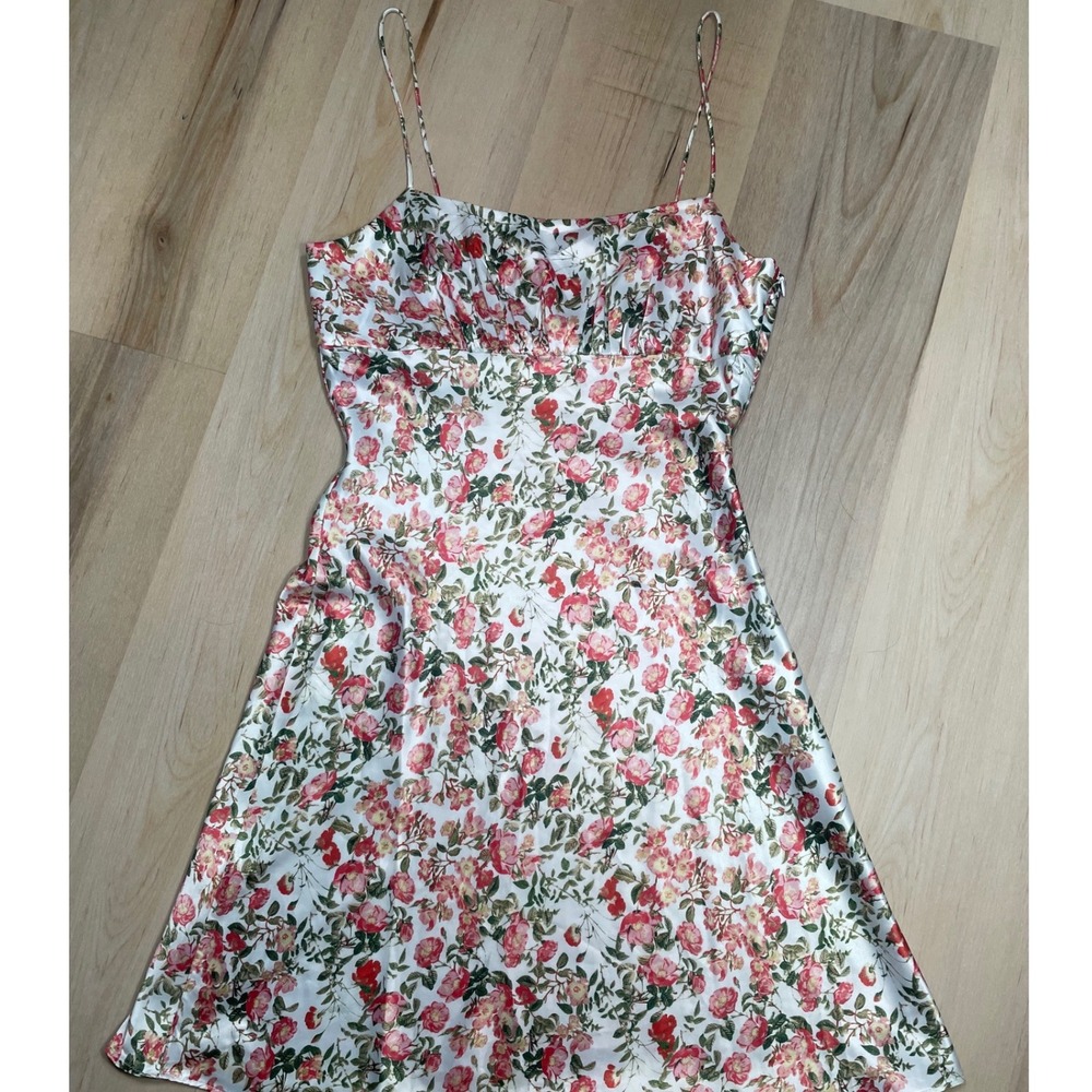 AQUA Floral Satin Slip Dress XS Pink Red Rose Print Ruched Mini Spaghetti Strap - Picture 3 of 9